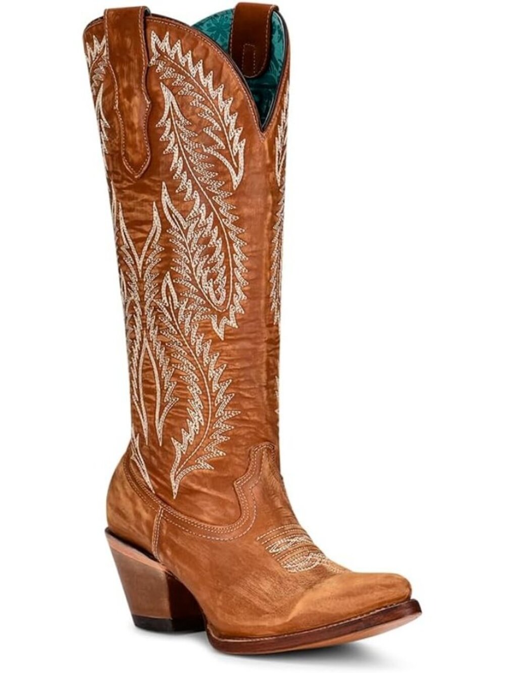 Women's Tan Handcrafted Western Boots J Toe Tall Cowboy Boots With Distressed